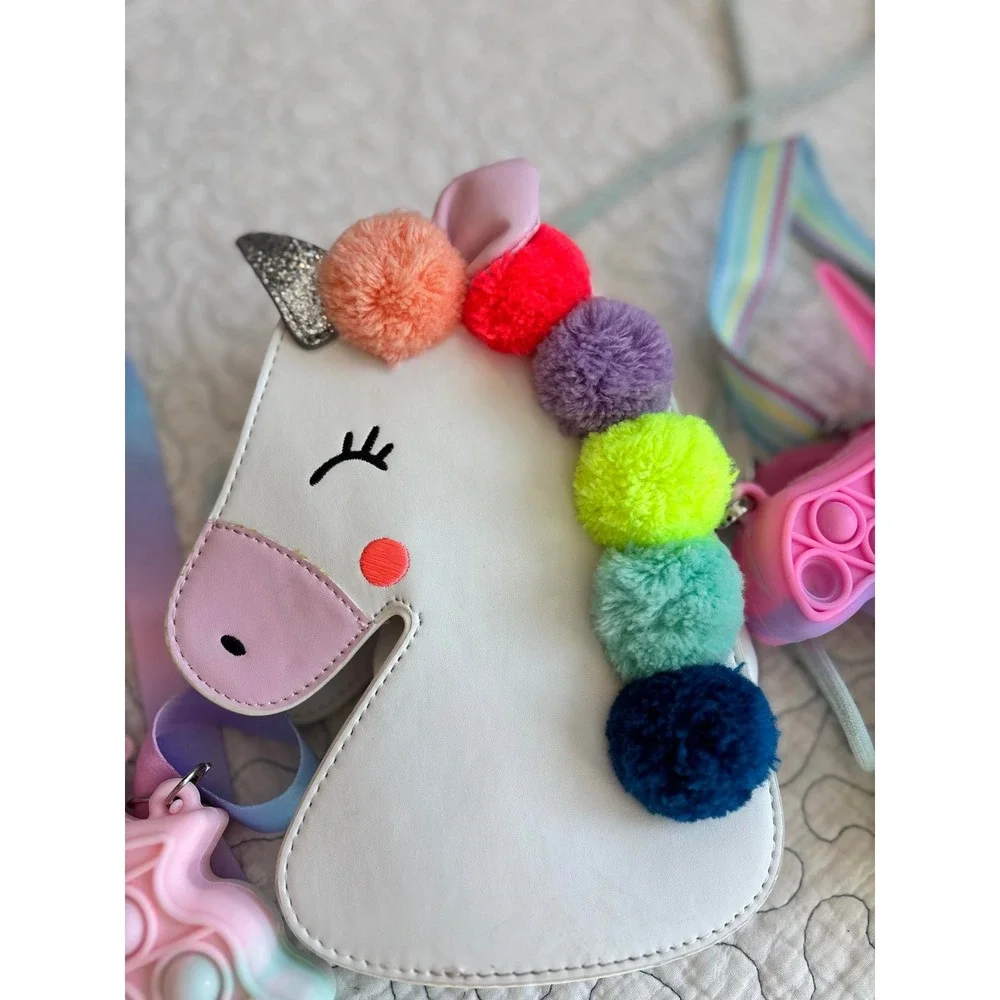 Unicorn Purses Pop It Fidget Crossbody Bag Rainbow Pom Pom‎ White